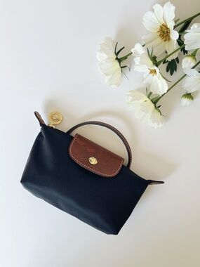 Longchamp Small Le Pliage Original Pouch Nylon Bag in Black with Brown Trim